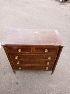 English continental oak wood dresser (5) drawers 31"1/2 tall by 32"wide gold color handles Good condition