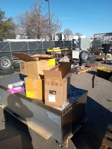 Assorted hardware from speediance accessory storage rack. (2) boxes full mini aqua pumps good working order still in boxes plastic