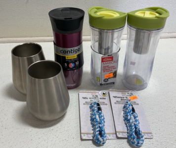 Contigo Travel Mug, (2) Travel Tea Tumblers, (2) Stainless Steel Wine Tumblers, (2) Water Bottle Strap