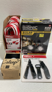 SpotlightDuo Solar Powered Security Light, (5) Light-Duty 25&rsquo; Extension Cords, 3pc Tool/Knife Set, GE C-Sleep App Controlled Light Bulb
