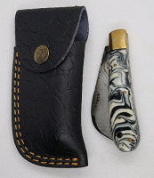 Damascus Folding Pocket Knife With Leather Sheath