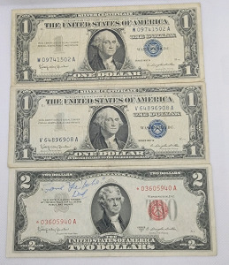 (2) Silver Certificate $1 Bills, (1) Red Seal $2 Star Note