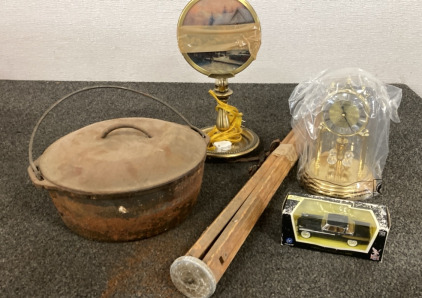 Cast Iron Pot, Vintage Tripod, Lamp, Clock and 1958 Studebaker Golden Hawk Model Car