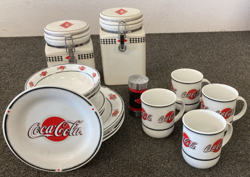 Set Of Classic Coca Cola Dinnerware With Coca Cola Spice Shaker And (2) Clamping Coca Cola Jars