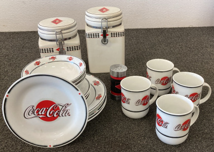 Set Of Classic Coca Cola Dinnerware With Coca Cola Spice Shaker And (2) Clamping Coca Cola Jars