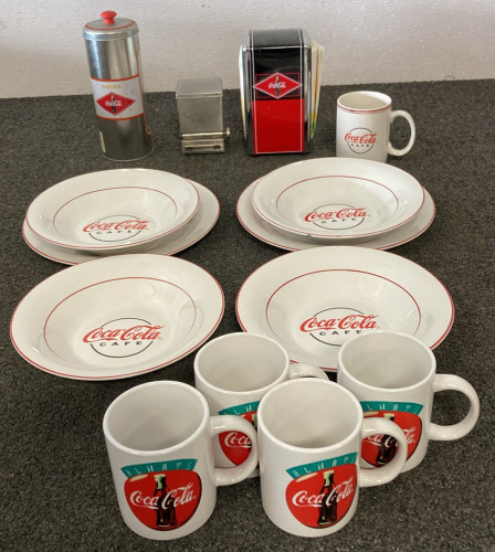 Coca-Cola Cafe Dishware With (4) Always Coca-Cola Mugs And Coca-Cola Table Accessories