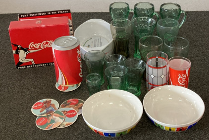 Coca-Cola Collectibles! Coaster Set, Coke Glasses Set, Campbell&rsquo;s Casserole Dish, and Coca-Cola Pure Refreshment For The Fans Coke Set
