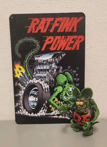 Collectible Rat Fink Power Metal Sign 12 x8 And 4 1/2 Rat Fink Figure