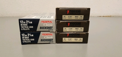 (2) Federal Classic Buckshot 12ga, 5 CT Boxes; (3) Fiocchi 20ga Rifled Slugs, 5 CT Boxes