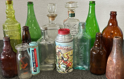 Vintage/Antique Bottles, Decanters, Thermos (No Lid) & Leather Dice Shooter From Custer Hotel