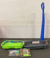 (1) Snow Bord With Blue Handle, (2) BeyBlade Arenas, Bag Of BeyBlades, And A Teenage Mutant Ninja Turtles Shower Curtain