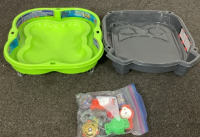 (1) Snow Bord With Blue Handle, (2) BeyBlade Arenas, Bag Of BeyBlades, And A Teenage Mutant Ninja Turtles Shower Curtain - 3