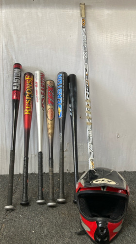 (6) Baseball Bats (1) Hocky Stick Missing Bottom (1) Dirt Bike Helmet BB1