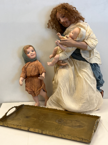 Jesus with children figurines and brass toned decorative tray.