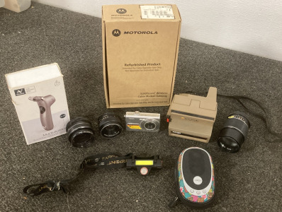 Polaroid Camera, Kodak Digital Camera, Lenses (3), Headlamp, Portable Speaker, Motorola Modem, Niceble Blackhead Removee Vacuum