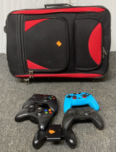 (3) Xbox Controllers, Switch Controller, NSW Comfort Grip, And Suitcase. BB5