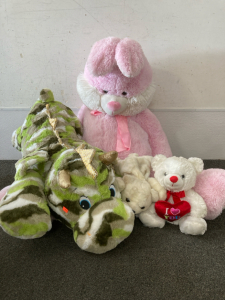 Stuffed Animals- Large Pink Bunny Just In Time For Easter!, Laying Down Green Camo Dragon, I <3 You Bear, Small Polar Bear