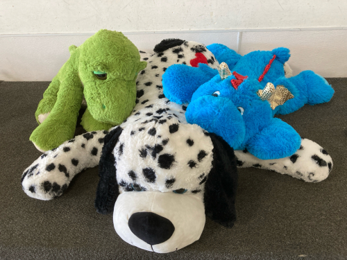 Stuffed Animals- Large Laying Dalmation, Green Sitting Dinosaur, Blue Laying Dragon