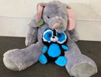 (1) Jumbo Plush Animal-Elephant (1) Blue and Black Racoon Bright eyes