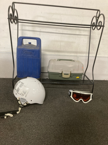 (1) Scott Goggles (1) Ski Helmet (1) Coleman Propane Lantern Case (1) Lantern (1) Tackle Box (1) Metal Shoe Rack