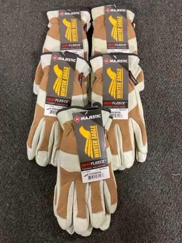 BRAND NEW! Majestic Winter Eagle Heat Fleece Pigskin Gloves, 5 Pairs, Size Medium