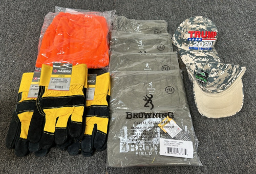 (4) New Browning " Field To Table" Military Green Size 3XL Shirts (2) New Browning Hotshot Florescent Orange Insulated Facemask (3) New Pairs Of Majestic Size XL Lined Leather Work Gloves (2) New Trump 2020 Camo Baseball Caps