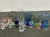 (3) Tall Coca Cola Drinking Glasses w/ (1) Short Coca Cola Glass (1) Bud Light (1) Pyramid Ale (1) Pinecrest Gold Course (2) Tall Shot Glasses (4) Standard Shot Glasses