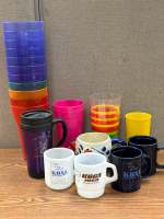 (17) Plastic Drink Cups (1) Travel Mug (5) Coffee Cups