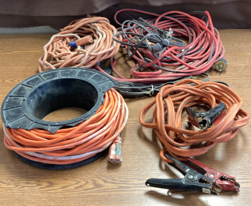 Tote Of Cords! Including Jumper Cables And (5) Extension Cords