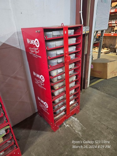 20 1/2” x 17” x 51” HI LINE STORAGE CUBBY WITH PLASTIC BINS FULL OF ELECTRICAL CONNECTORS