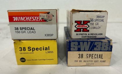 (1) Box Of Union Metallic Cartridge Company .38 Special Ammunition Cartridges 158 Grain Lead (1) Box Of Winchester .38 Special Ammunition Cartridges 158 Grain Lead (1) Box Of S&W .38 Special Ammunition Cartridges 158 Grain Jacketed Soft Point (1) Box Of W