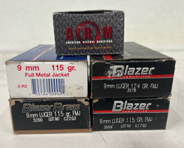 (1) Box Of Ultramax 9MM (115 Grain Full Metal Jacket) Ammunition Cartridges (1) Box Of Blazer Brass 9MM Luger (115 Grain FMJ) Ammunition Cartridges (1) Box Of Blazer 9MM Luger (124 Grain FMJ) Ammunition Cartridges (1) Box Of Blazer 9MM Luger (115 Grain FM
