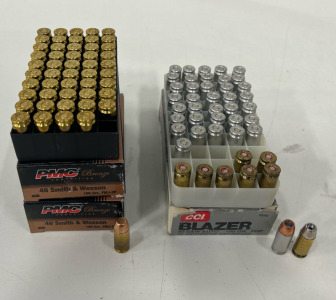 (2) Boxes Of PMC Bronze 40 Smith & Wesson (165 Grain FMJ-FP) Ammunition Cartridges (1) Box Of 37 CCI Blazer 40 S&W Auto (180 Grain PHP) Ammunition Cartridges W/ (8) Winchester 40 S&W Ammunition Cartridges