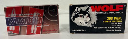 (1) Box Of Hornady 308 Win (168 Grain) Ammunition Cartridges (1) Box Of Wolf 308 Win ( Copper Jacketed 150 Grain FMJ)