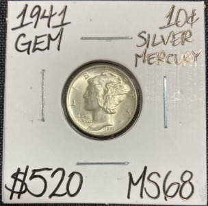 1941 MS68 Gem Silver Mercury Dime