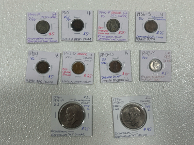 (10) Assorted Collectible Coins: Denver Mint , Philadelphia Mint , Error, Steel Pennies and more