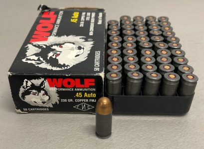 (50) Rounds Wolf 45 Auto 230 Grain FMJ Ammunition Cartridges