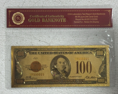 99.9% Pure 24k Carat Gold One Hundred Dollar Banknote W/COA