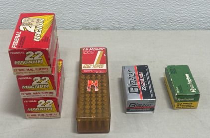 (3) Boxes Of Federal 22 Win. Mag Ammunition Cartridges (50 Each) (1) Box Of Hi-Power 22 Long Rifle Ammunition Cartridges (100 Count) (1) Box Of Blazer 22 Long Rifle Ammunition Cartridge (46 Count) (1) Box Of 22 Shot Ammunition Cartridges