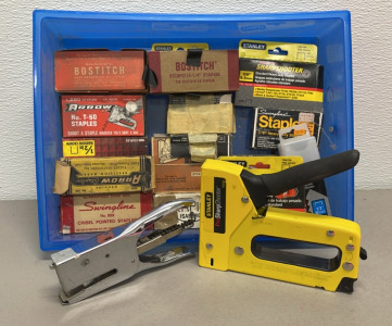 (1) Stanley ProSharpShooter TR200 Heavy Duty Stapler, (1) Faber Castell Heavy Duty Stapler, (1) Bin Full Of Heavy Duty Staples