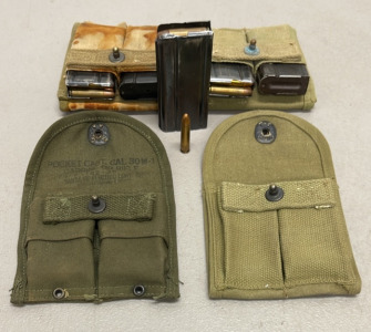 (50) Rounds Of 30 Carbine M-1 Ammunition Cartridges W/ 5 Magazines And 4 Military Ammunition Canvas Belt Pouch