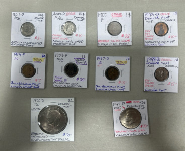(10) Assorted Collectible Coins: Denver Mint , Philadelphia Mint , Error, Steel Pennies and more
