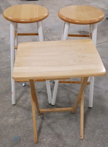 (2) Wooden Bar Stools (1) Wooden TV Tray
