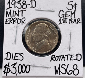 1938-D MS68 RARE Mint Error Gen Nickel