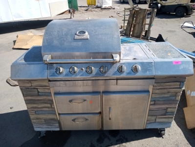 Charmglow gourmet series bbq grill really good condition granite table top self on side side burner 64"x23" on wheels decrative plastic stone sides