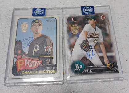 (1) Signed Charlie Morton Baseball Card In Case (1) Signed AJ Puk Baseball Card In Case