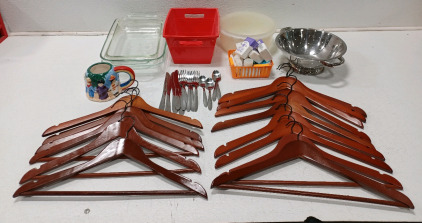 (3) Pyrex Cake Pans (1) Strainer (15) Wood Hangers (1) Coffee Cup, Silverware & More