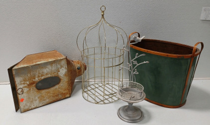 (1) Antique Hoosier Cabinet (1) Vintage Gold Bird Cage (1) Vintage Wooden Magazine Basket & More