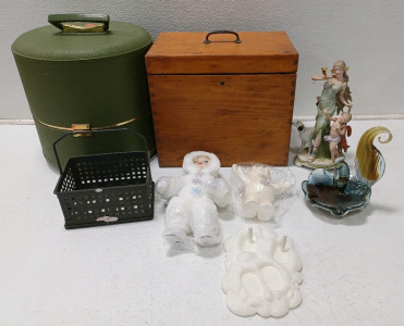 (1) Snow Baby Collection (1) Glass Art Ashtray (1) Vintage Wig Carrier (1) Porcelain Fugure & More
