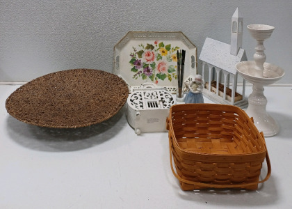 (1) Decorative Bird House (1) Pillar Candle Holder (1) Vintage Serving Tray & More